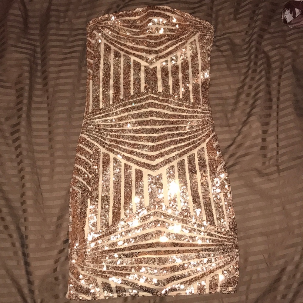 Strapless sequin rose gold mini dress